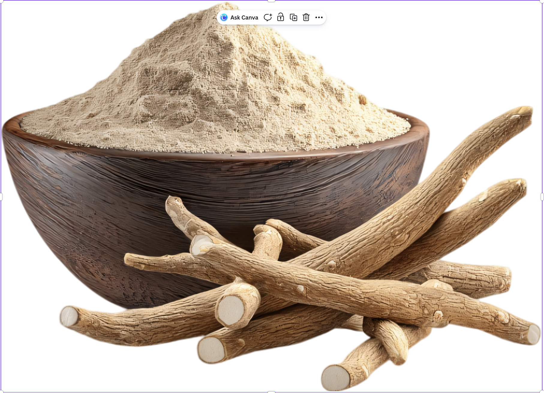 Ashwagandha root and powder in a wooden bowl — a foundational Ayurvedic herb for perimenopause