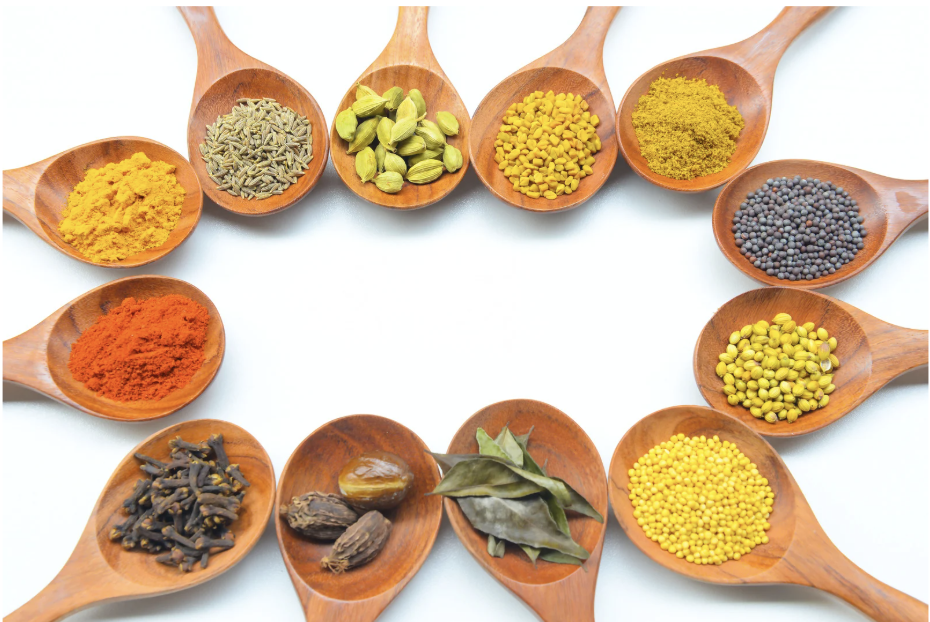 Colorful Ayurvedic spices arranged in wooden spoons